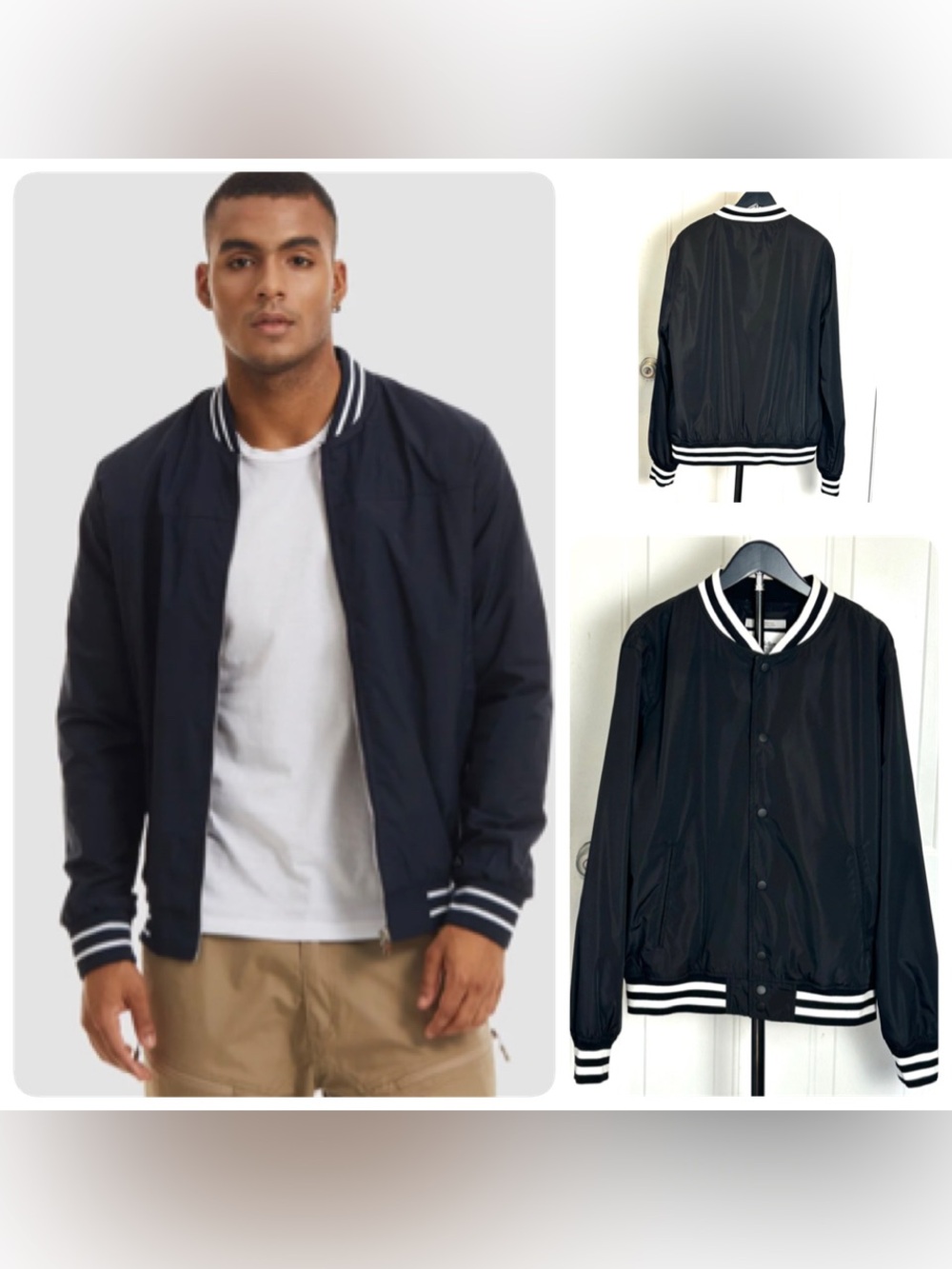 Goodfellow & Co Navy Bomber Jacket with White Striped Trim